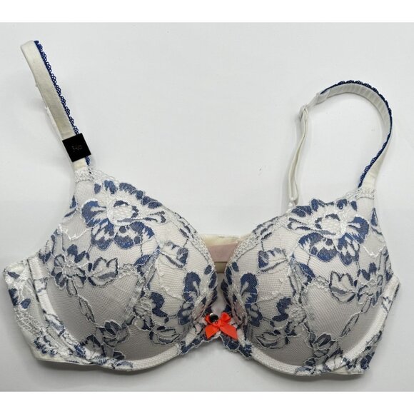 Victorias Secret Body By Victoria Lined Demi Push Up Bra White Blue Lace Sz 34D - Picture 3 of 10